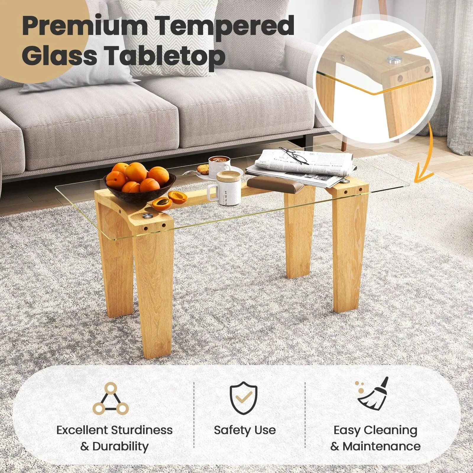 Costway Rectangle Coffee Table Modern Tempered Glass Top Accent Table Sofa Center Table in Natural 4