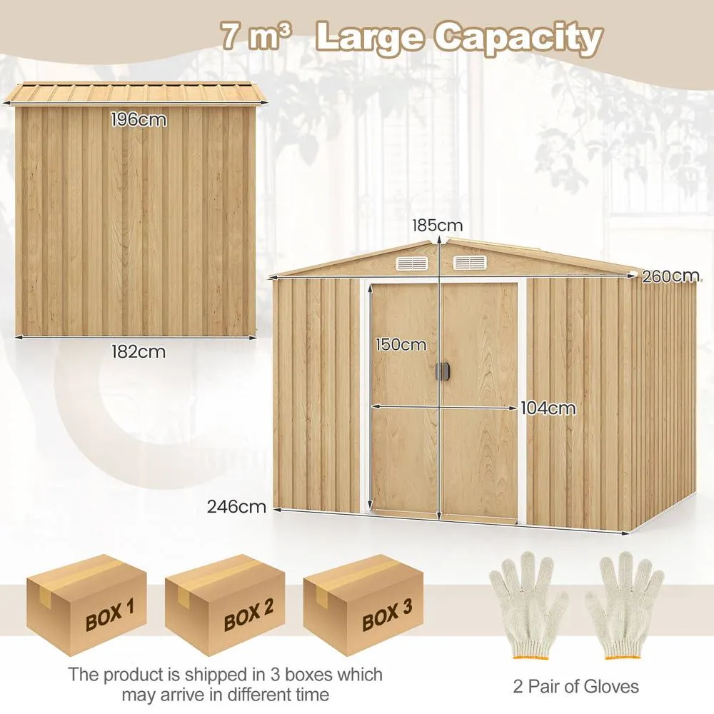 Costway 2.6 x 2M Outdoor Storage Shed Galvanized Steel Garden Tool House w/Lockable Door in Natural 2