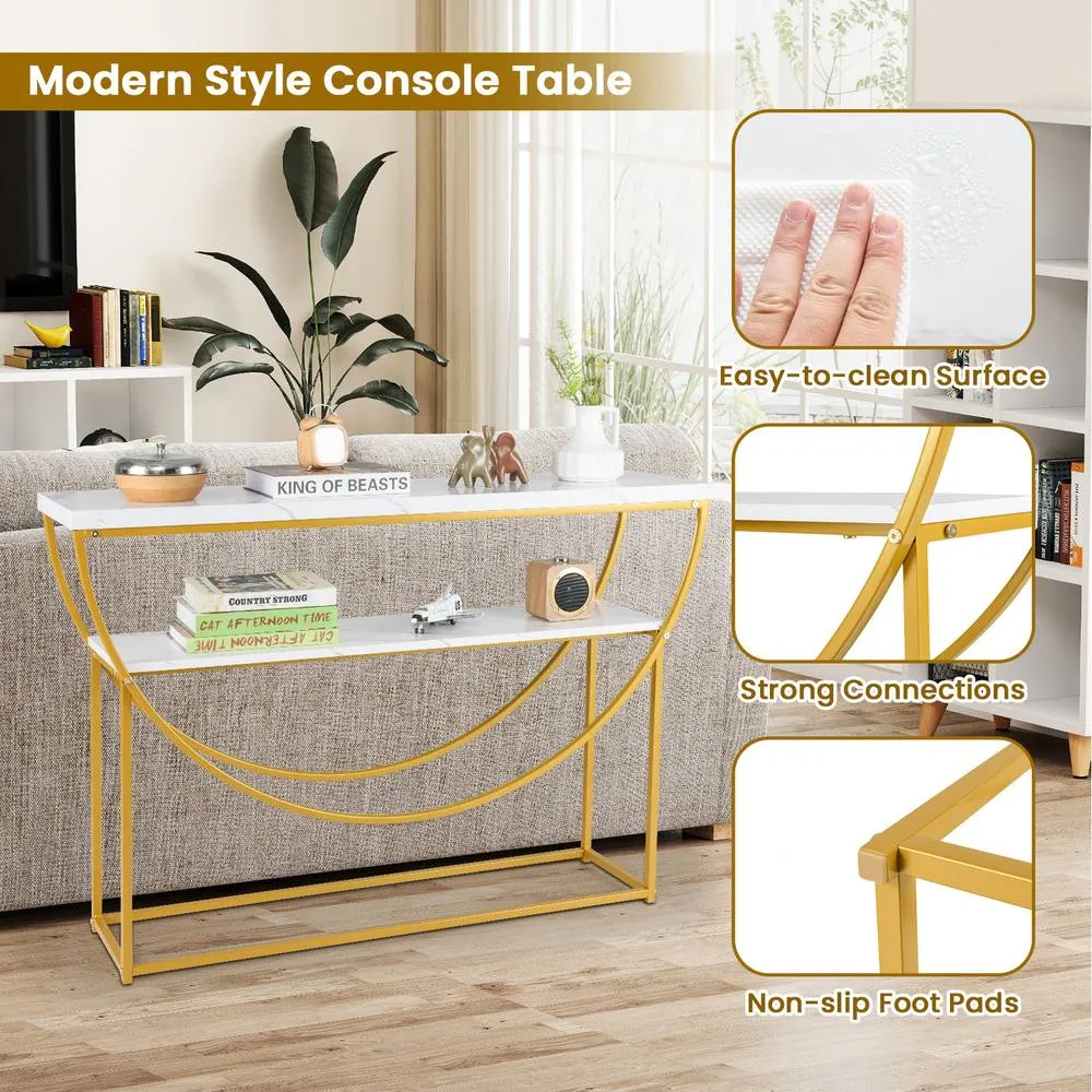 Costway 2-Tier Faux Marble Top Console Table Home Entryway Table-White in White 4