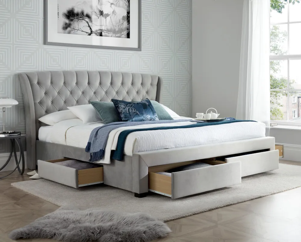 Newton - Double - 4-Drawer Storage Bed - Grey - Velvet - 4ft6 - Happy Beds 1