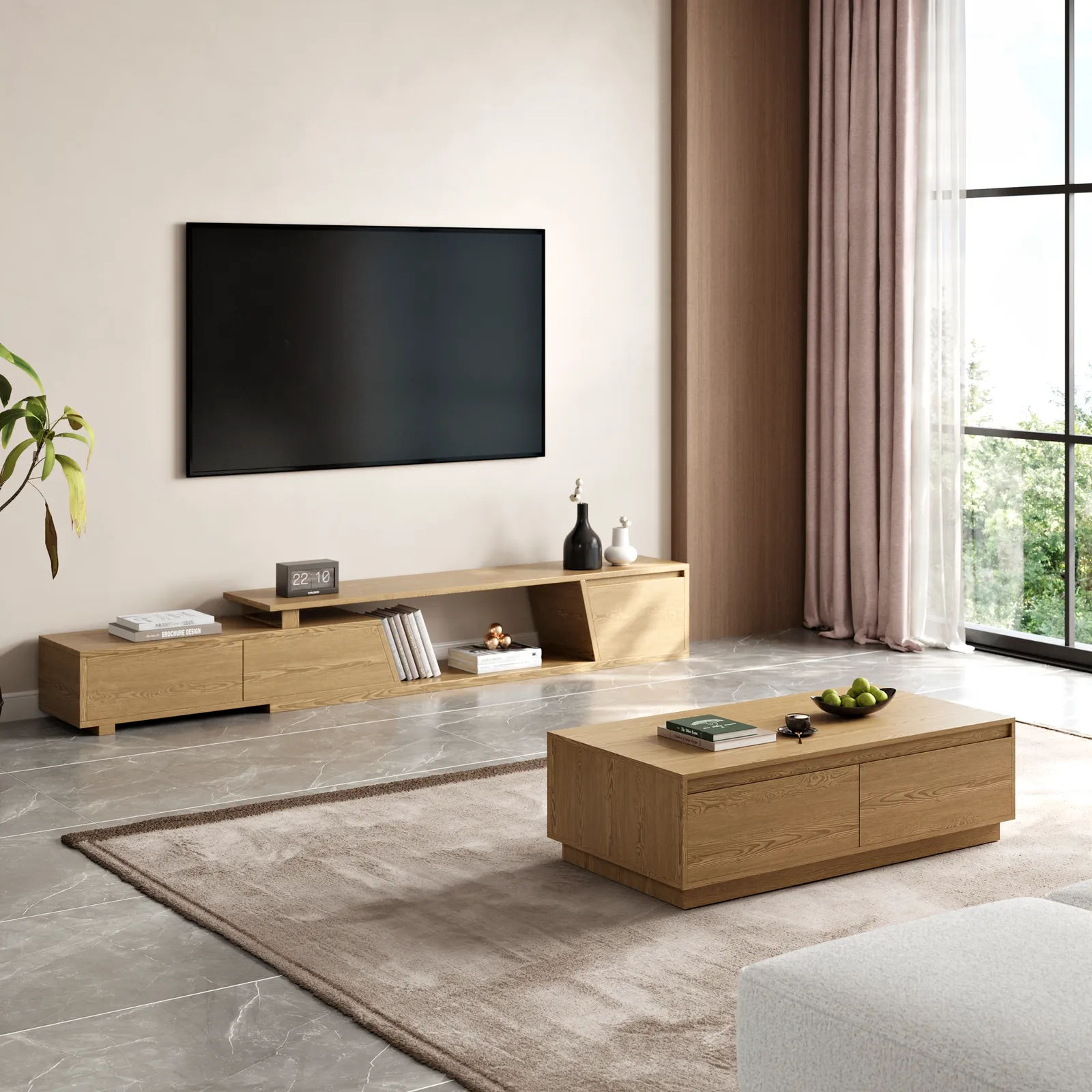 Fero TV Stand Set of Wood Natural Extendable TV Stand & Rectangular Coffee Table