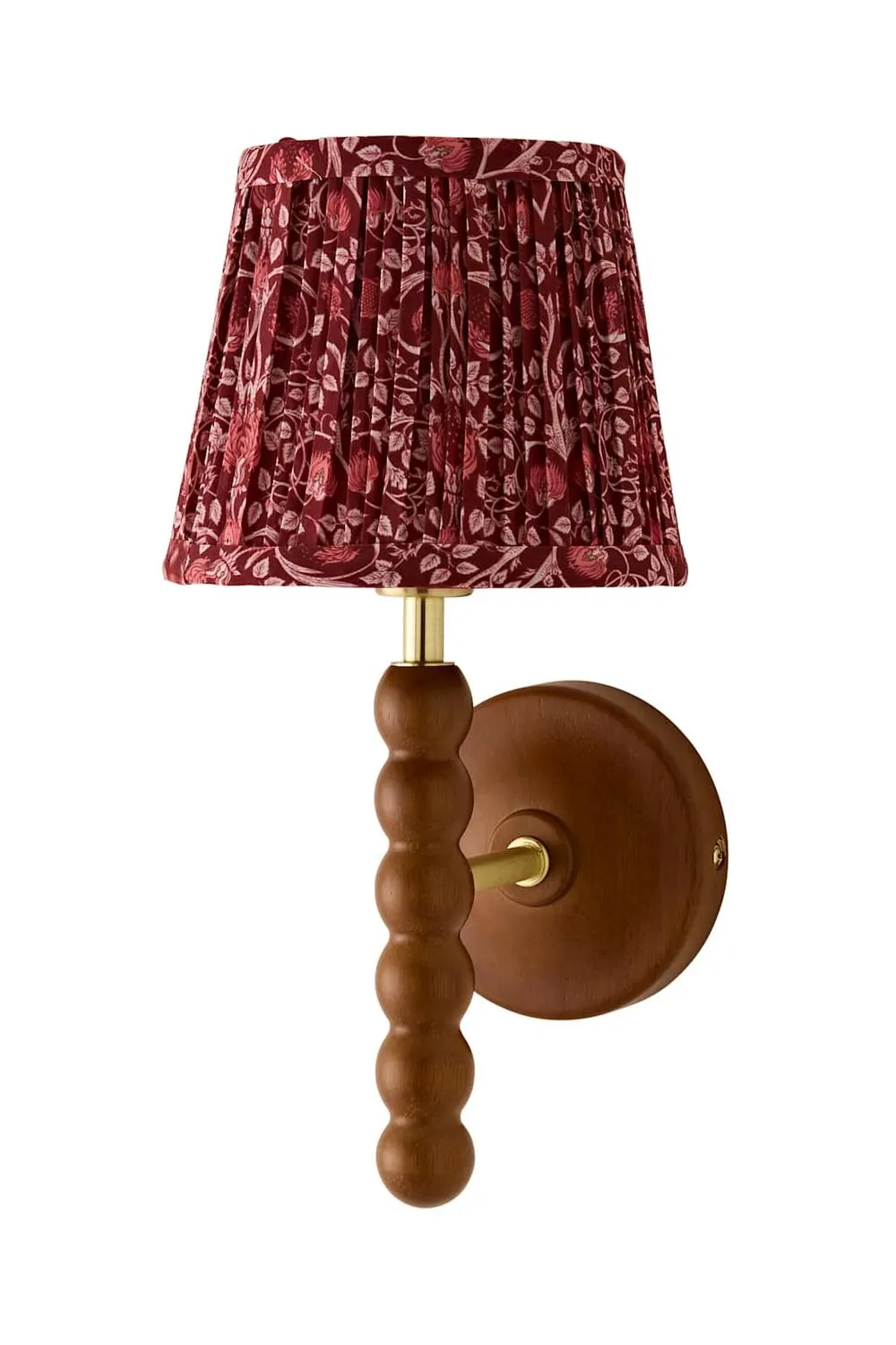 ValueLights Bobbins Burgundy Floral Pleat Shade Wooden Bobble Wall Light & Bulb 6