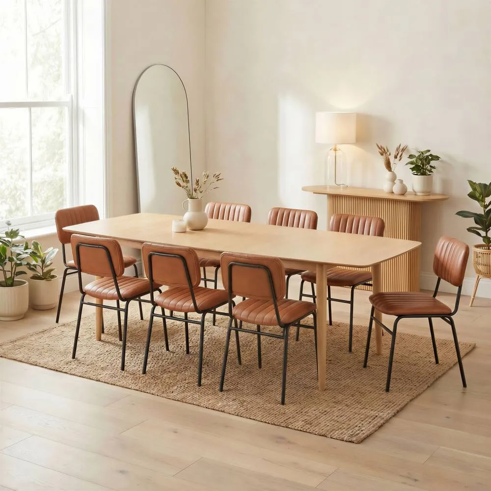 FurnitureboxUK Leif Oak Veneer Wood Extending Dining Table with 8 Tan Delta Chairs in Brown 2