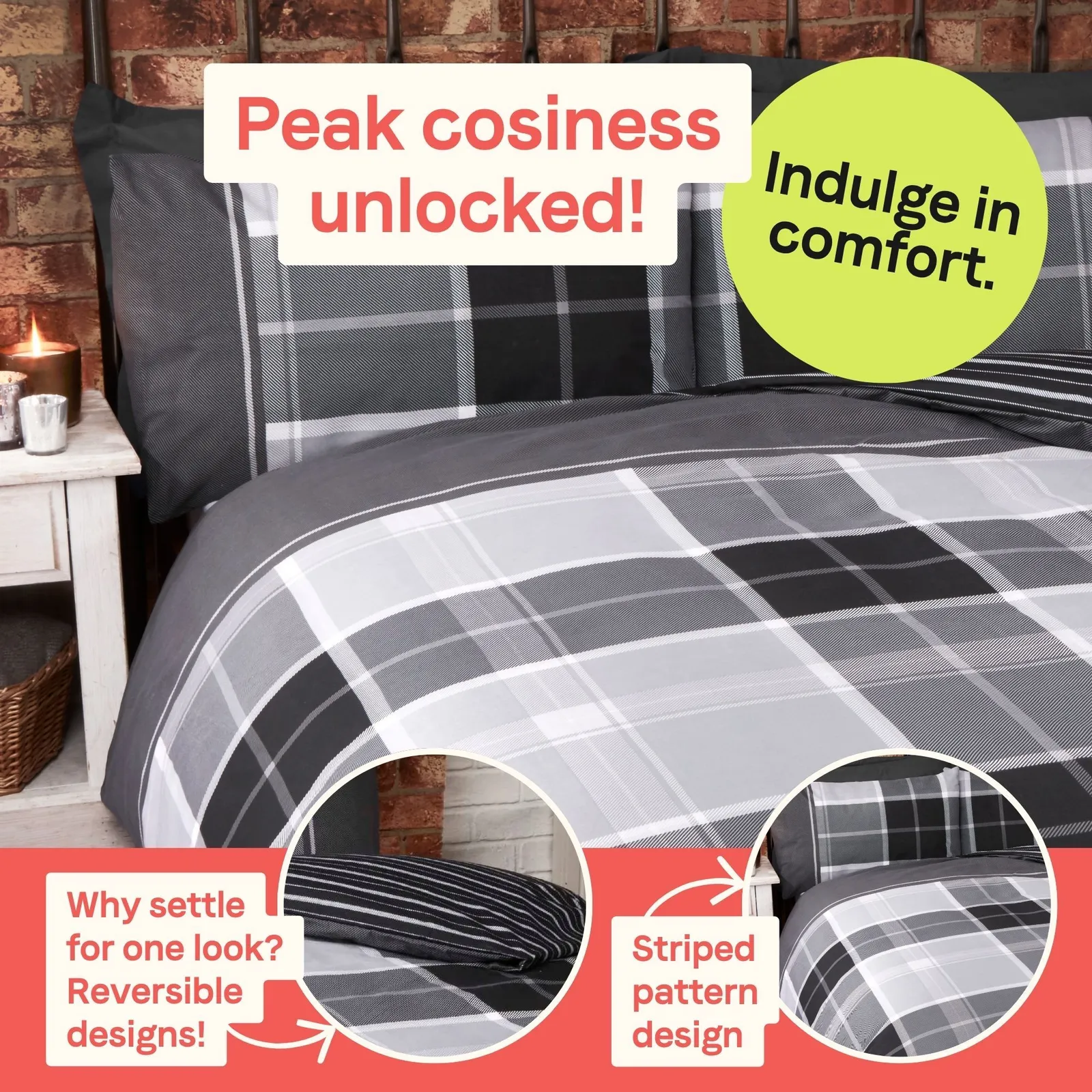 Rapport Home Argyle Design Tartan Polycotton Duvet Set With Pillowcase in Grey 2