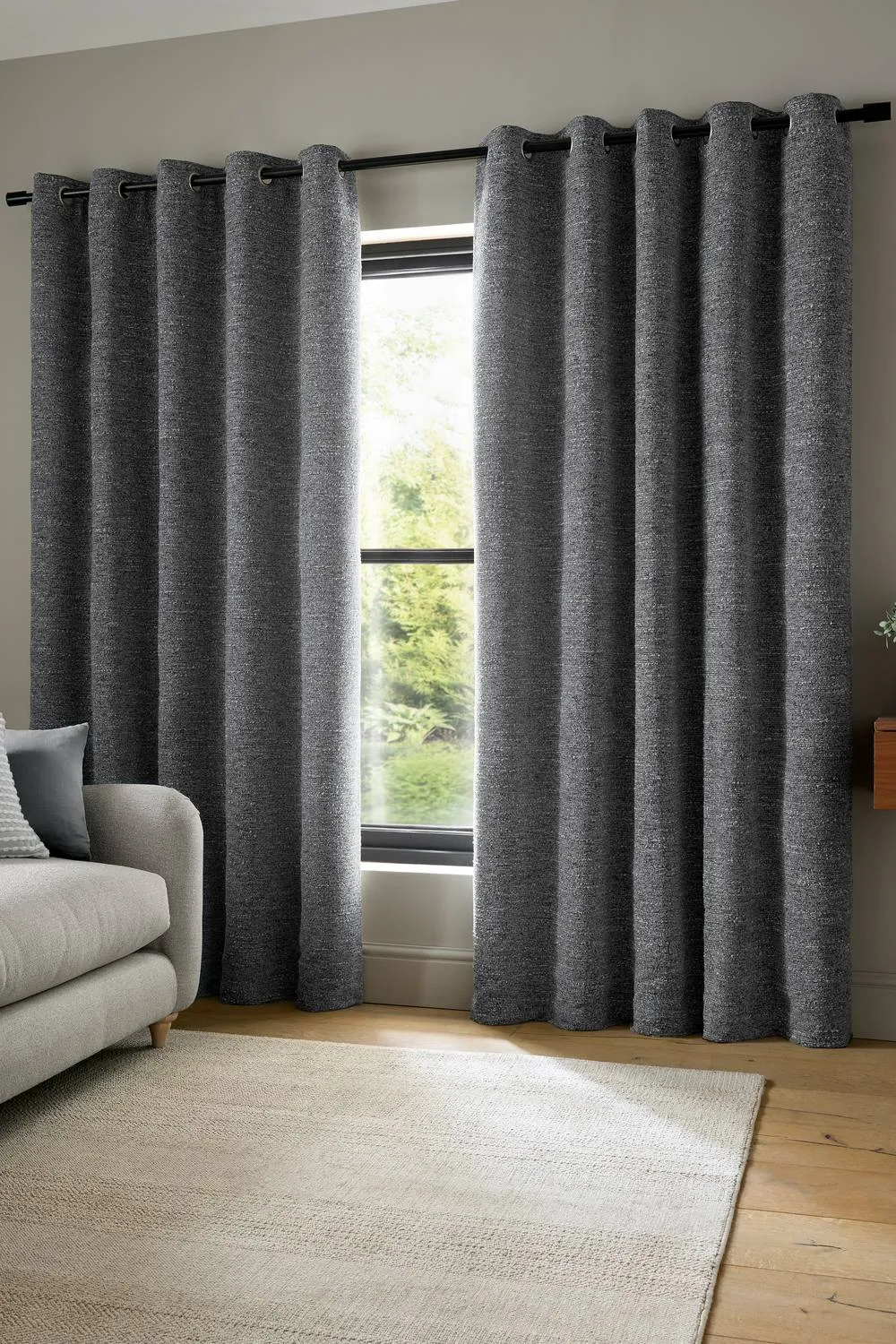 Catherine Lansfield 'Chunky Boucle' Lined Eyelet Curtains in Charcoal 1