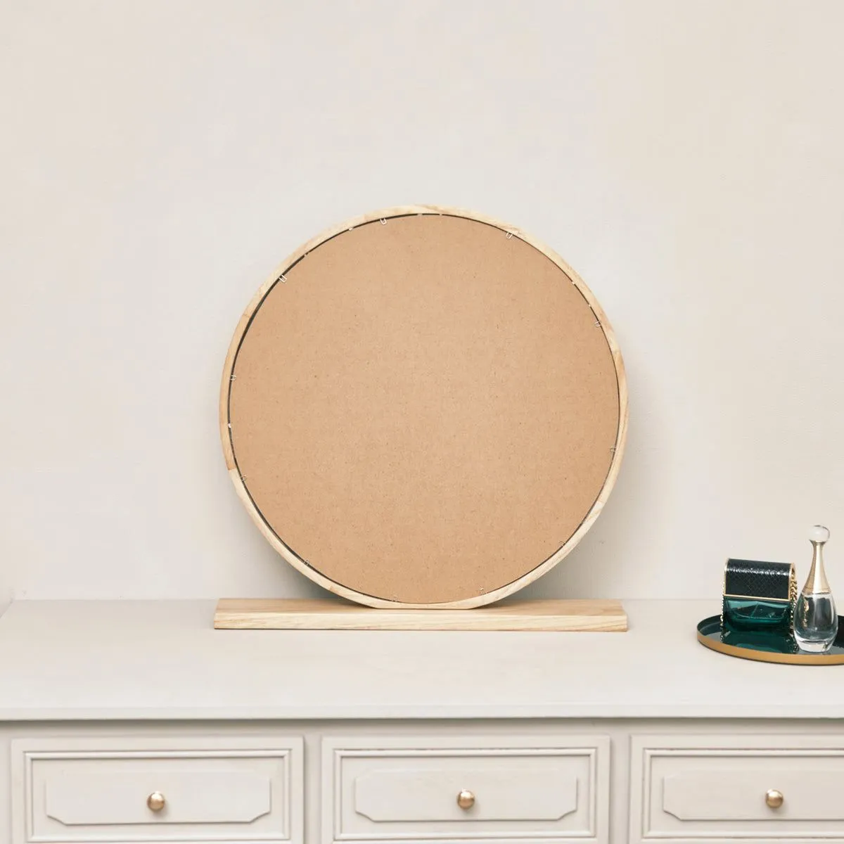 Melody Maison Round Wooden Freestanding Table Top Mirror in Brown 6