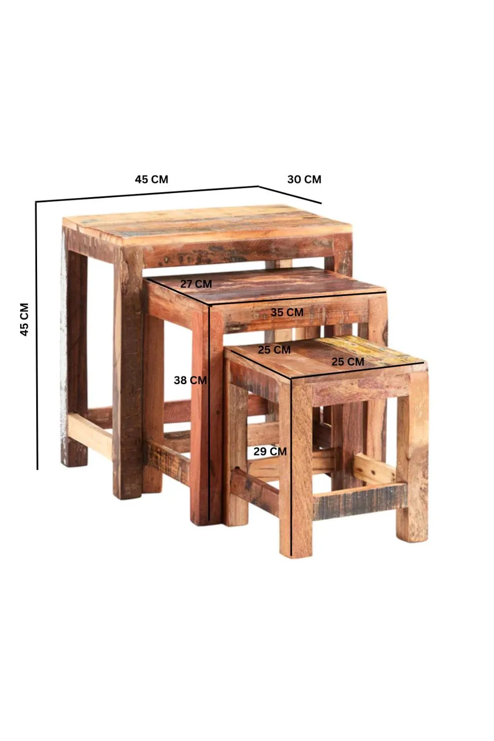 IH Design Jeilyn Reclaimed Boat Nests of 3 Stools for Living Room & Dining Room in Brown 4