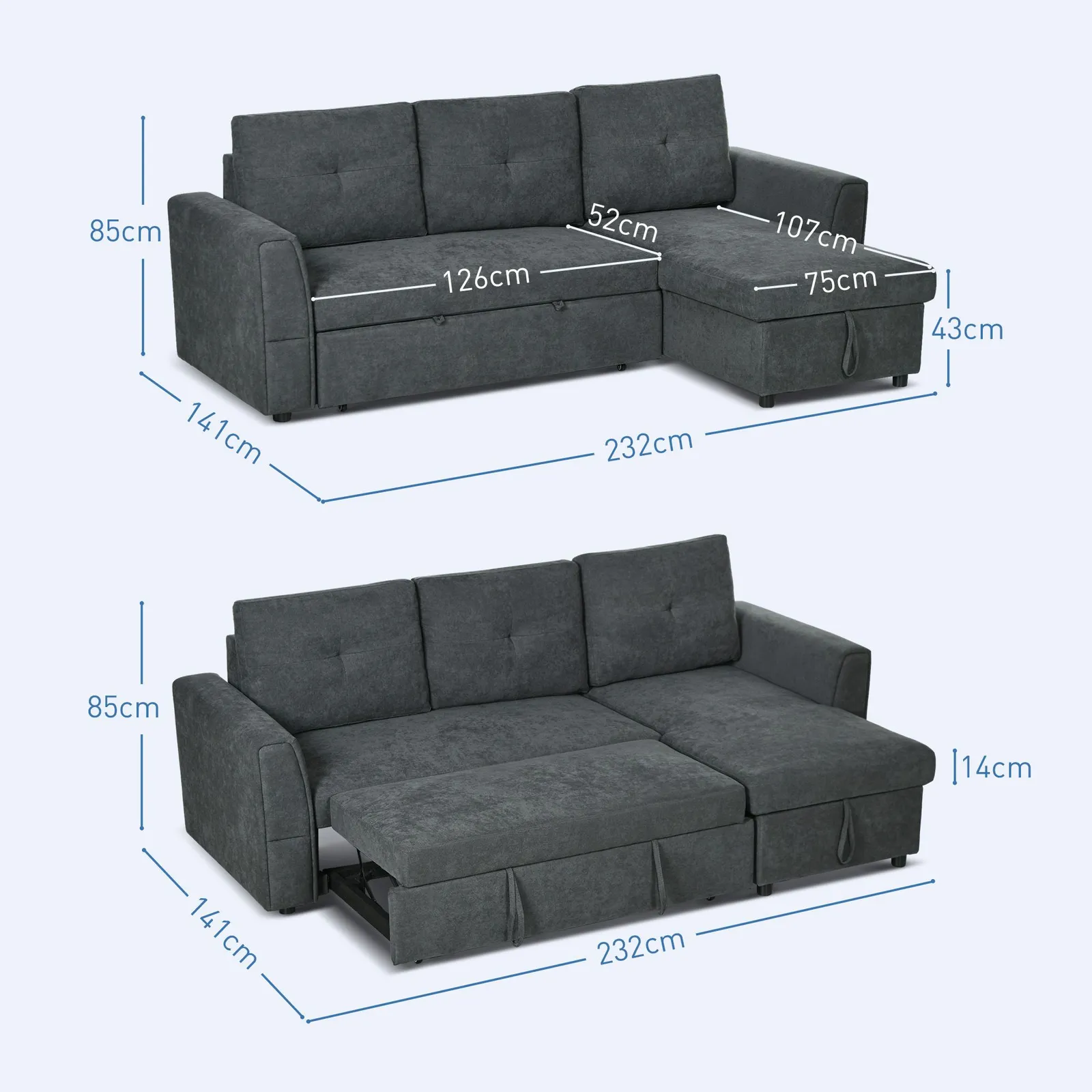 HOMCOM 3 Seater Sofa Bed, Convertible Pull Out Sofa with Storage, Dark Grey 3