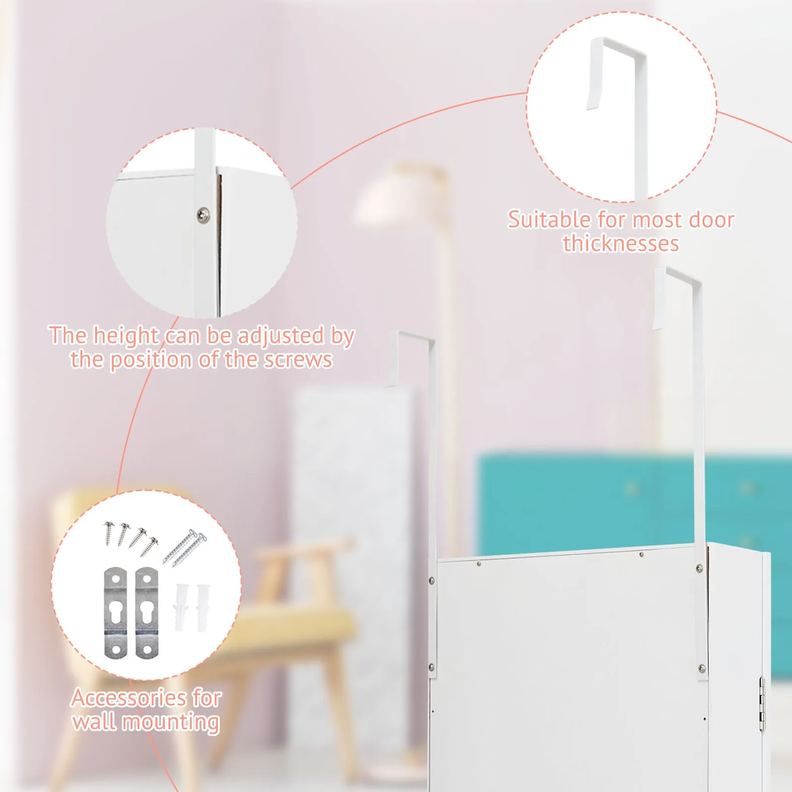 Costway Mirrored Jewelry Cabinet Wall Mounted/Door Hanging Jewelry Armoire w/ Full-Length Mirror in White 6