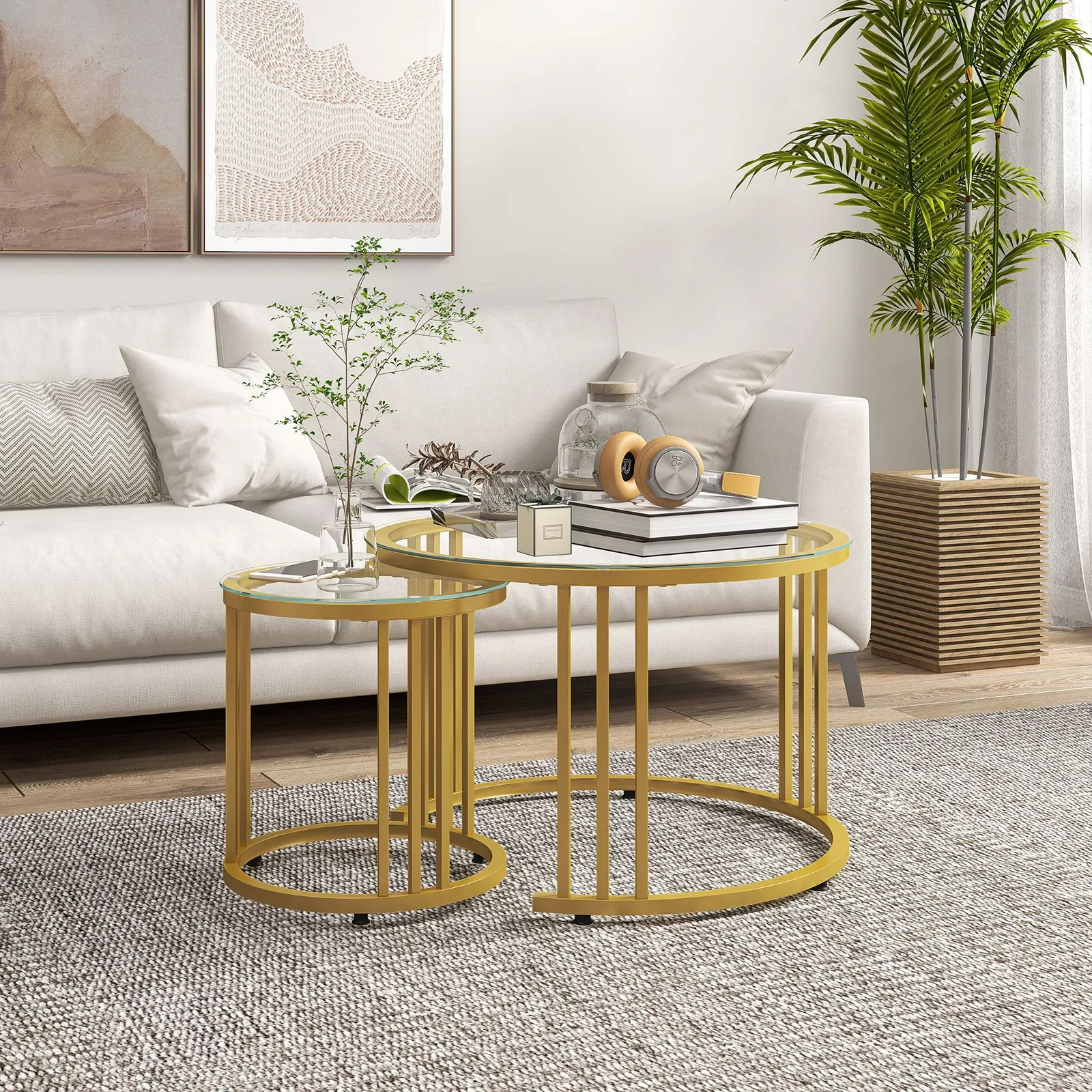 HOMCOM Set of 2 Nest of Tables Round Coffee Tables with Tempered Glass Top in Gold