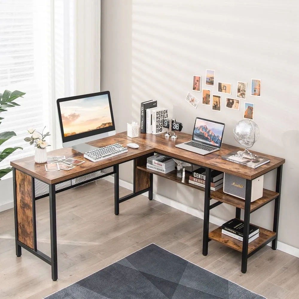 Costway L-Shaped Corner Computer Desk 150cm Large Corner Desk Workstation 2-Tier Shelves in Brown 4