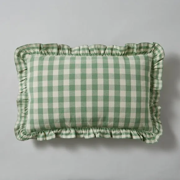 Frilled Gingham Cushion Green 2