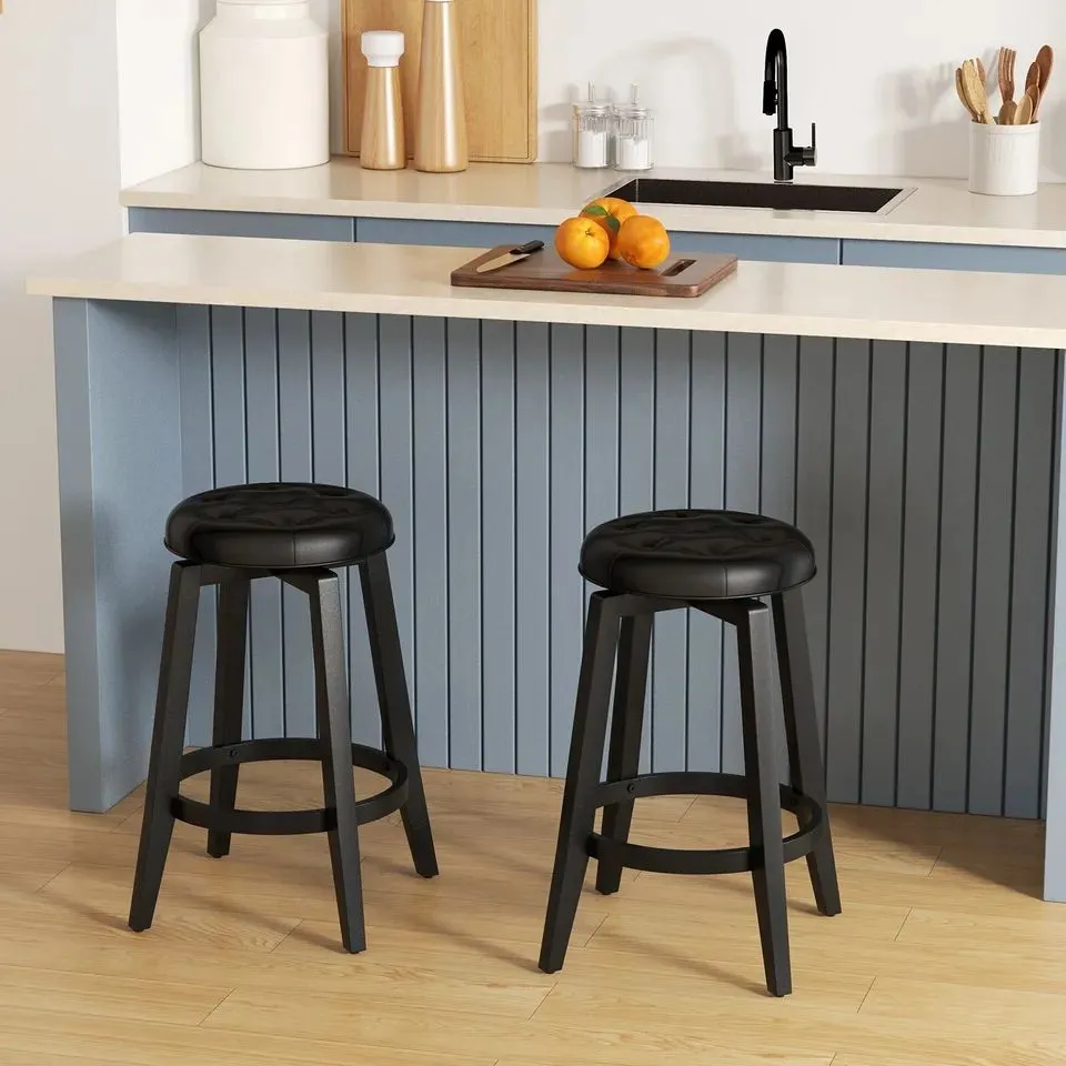 Costway Set of 2 Bar Stools Kitchen Upholstered Chair 360 Swivel Pub Stool 66cm in Black 3
