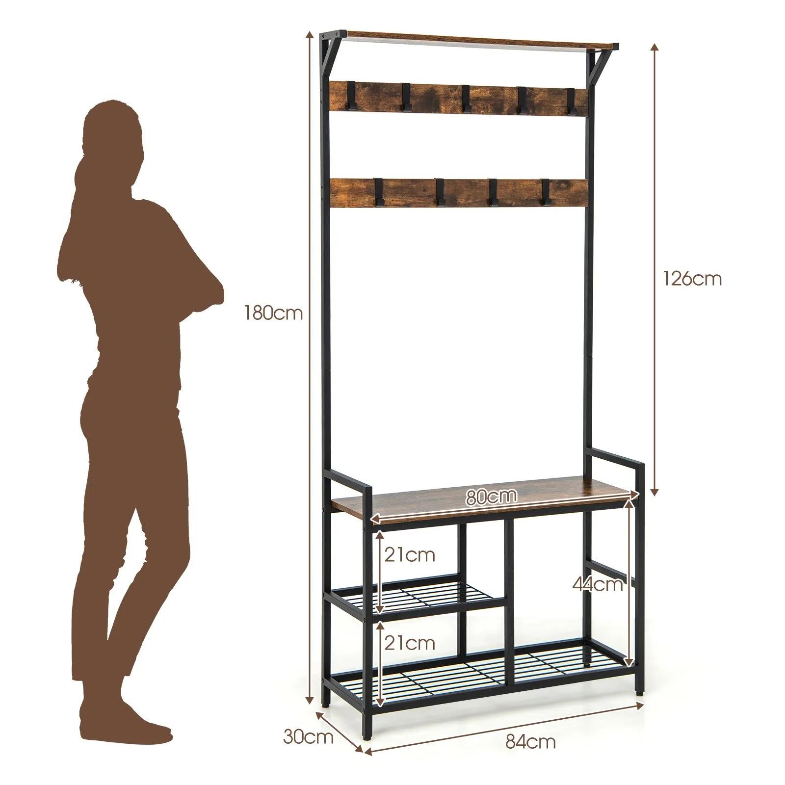 Costway 3-in-1 Coat Rack Hall Tree with Shoe Bench & Shoe Storage in Brown 2