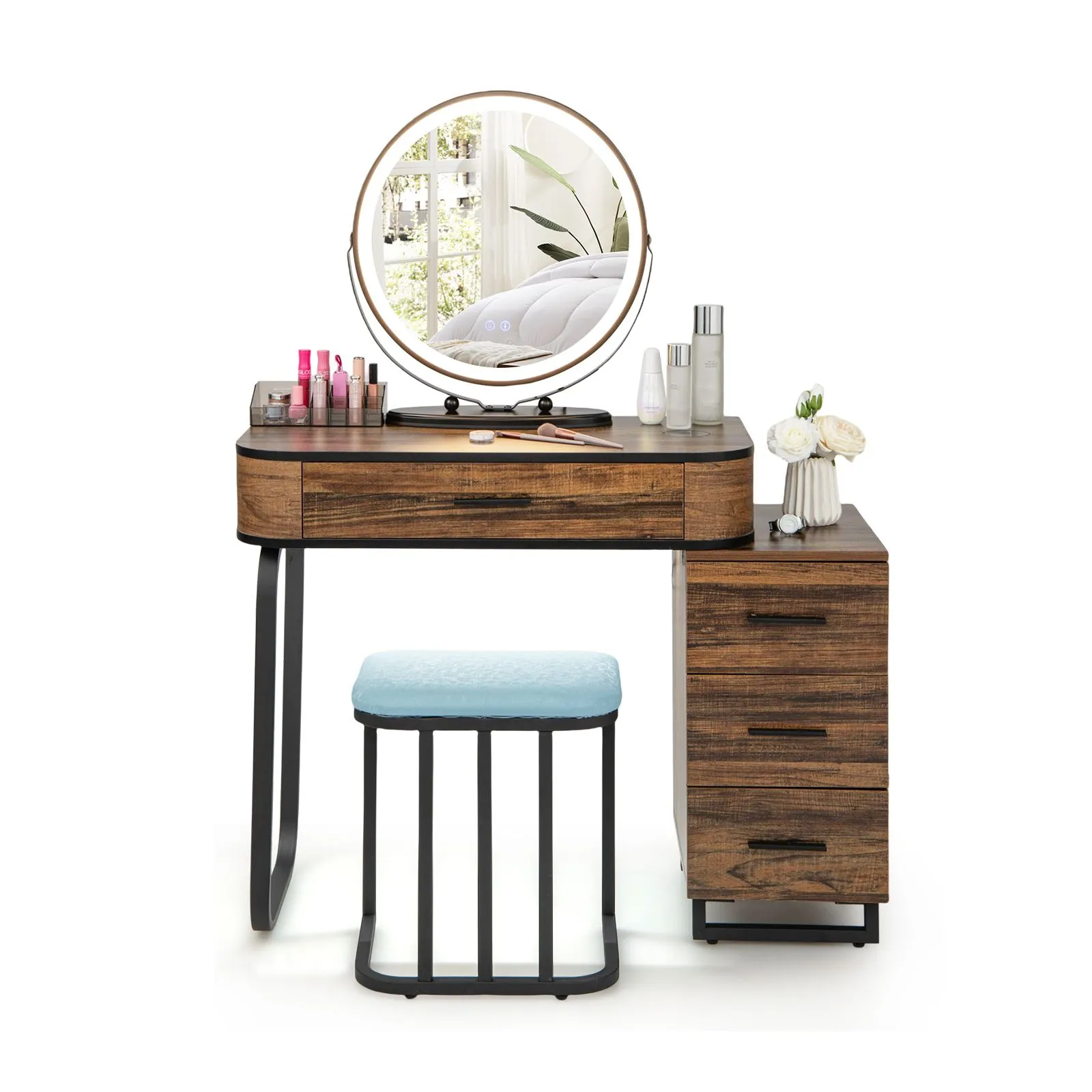 Costway Dressing Table Vanity Set Makeup Stool with Charging Station & 3 Color Lighted Swivel Mirror & 3 Drawer Chest in Brown 2