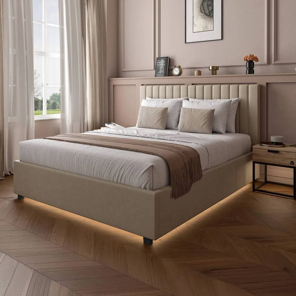 X Rocker Maisie Velvet Upholstered Ottoman Bed with Storage & LED Lights in Beige 1