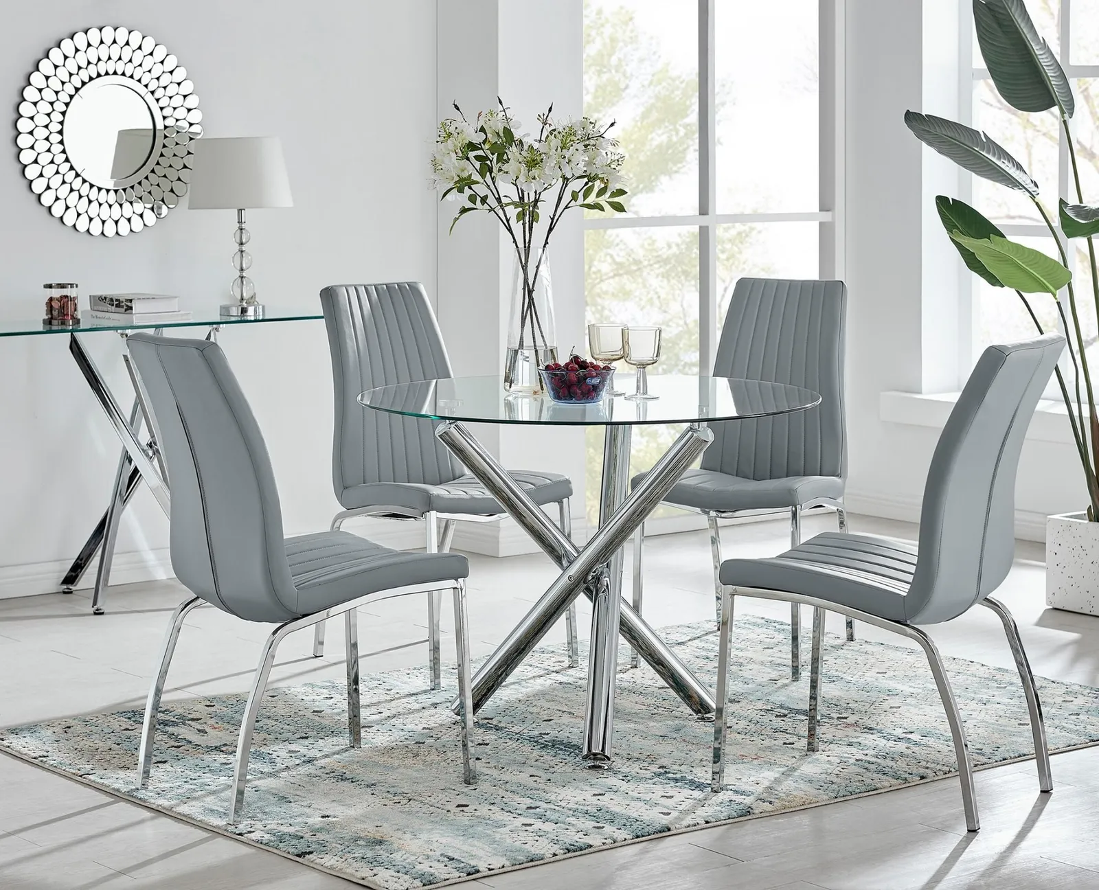 FurnitureboxUK Selina Round Glass Chrome Leg Dining Table & Isco Chairs in Grey