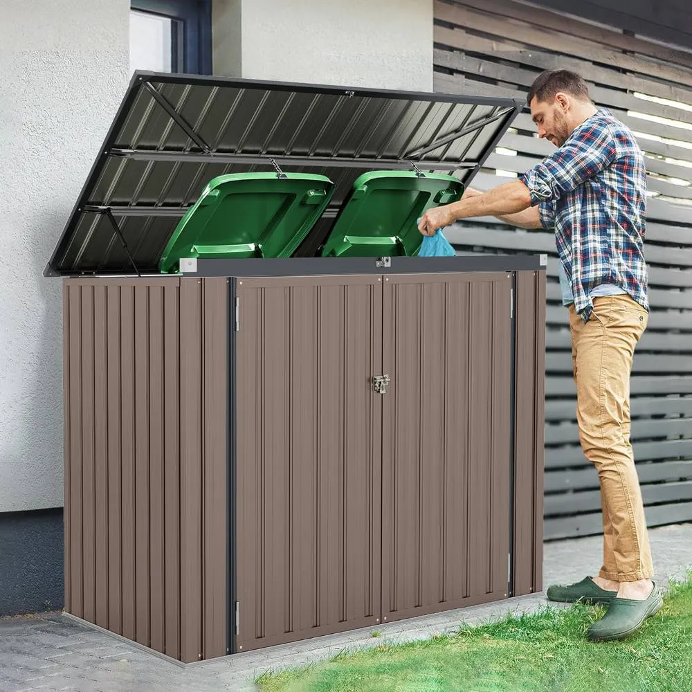 Costway Outdoor Trash Can Storage Shed Large Lockable Garden Shed-Grey in Brown 3