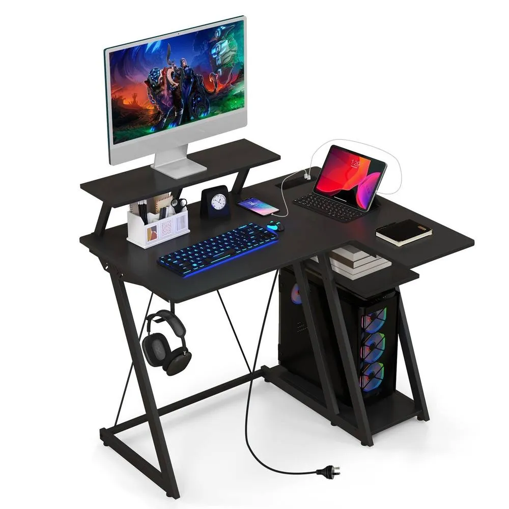 Costway L-Shaped Gaming Desk Small Computer Desk w/ Monitor Shelf & Outlets in Black