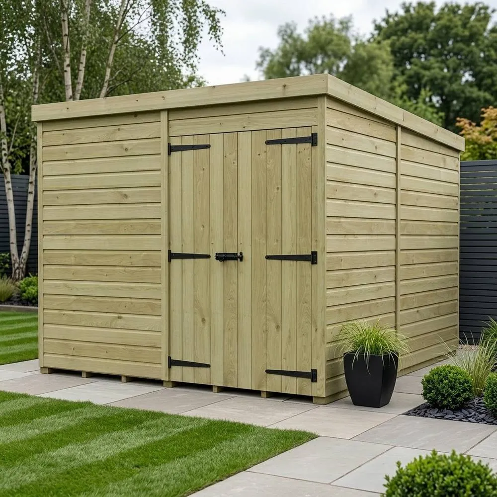 Buttercup Farm 8ft x 9ft Pent Garden Shed Double Door No Windows - Timber in Brown 2