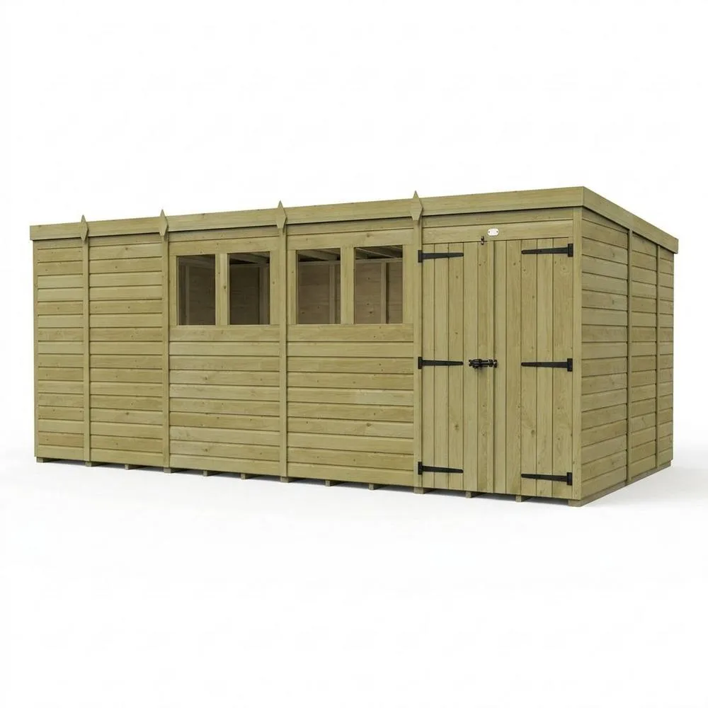 Buttercup Farm 17ft x 9ft Pent Garden Shed Double Door With Windows - Timber in Brown
