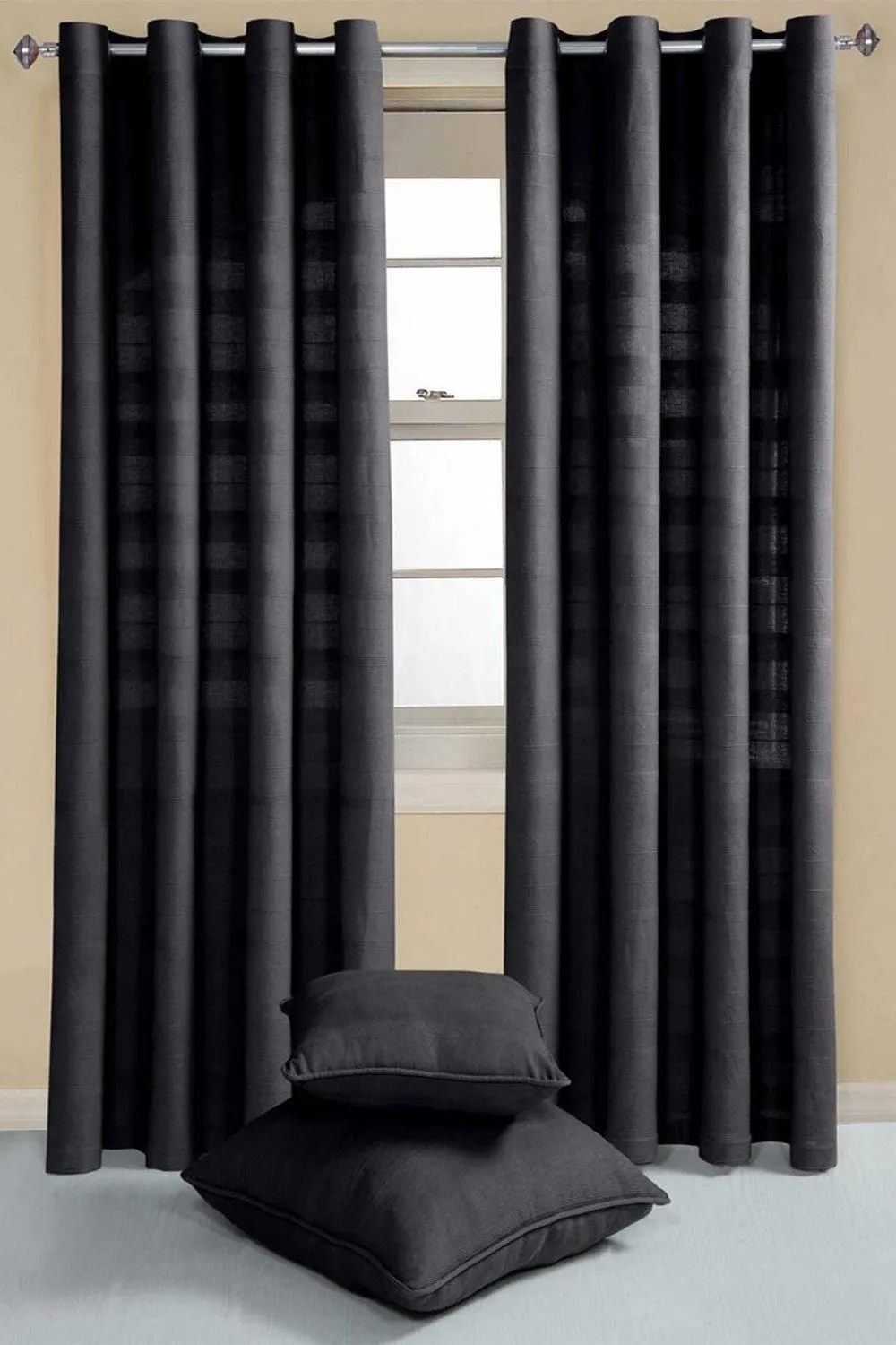 Homescapes Cotton Rajput Ribbed Curtain Pair in Black 2