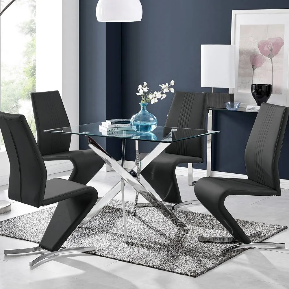 FurnitureboxUK Leonardo Glass & Chrome Metal Dining Table & 4 Black Willow Chairs