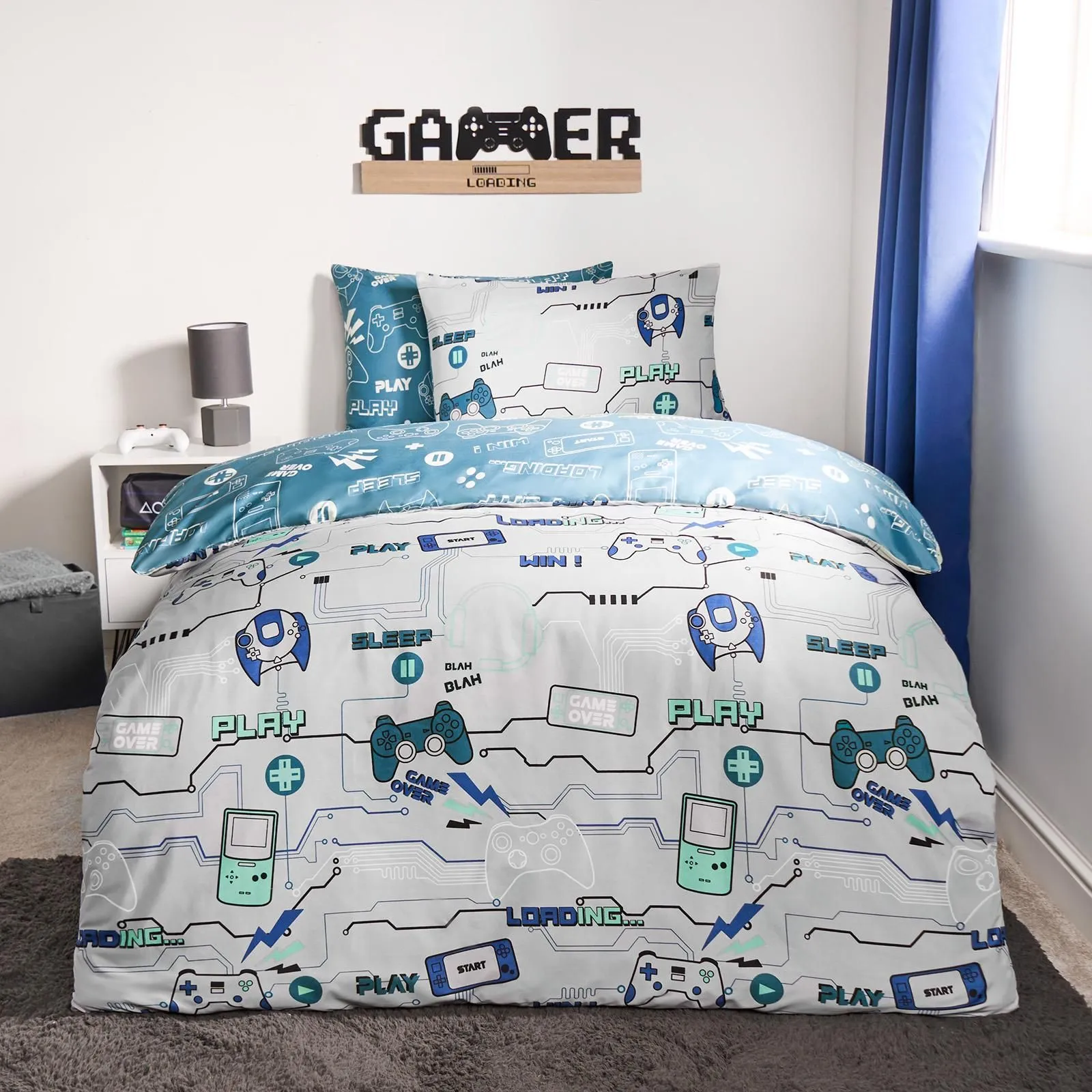 OHS Gaming Duvet Cover Set Reversible Quilt Pillowcase Bedding in Grey