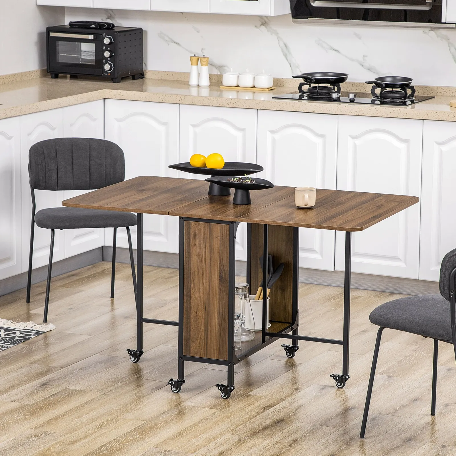 HOMCOM Mobile Drop Leaf Dining Table on Wheels with Shelf Brown in Light Brown