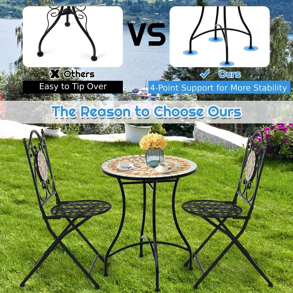 Costway Round Table with Iron Frame & Retro Mosaic Tabletop in Black 4
