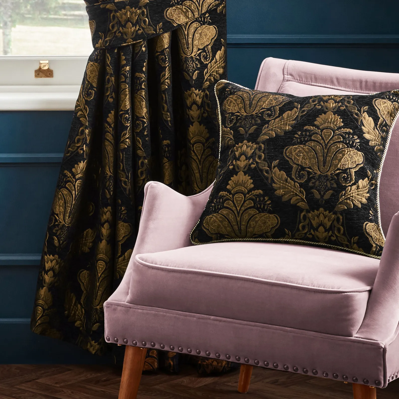 Paoletti Shiraz Floral Jacquard Cushion Black, Black