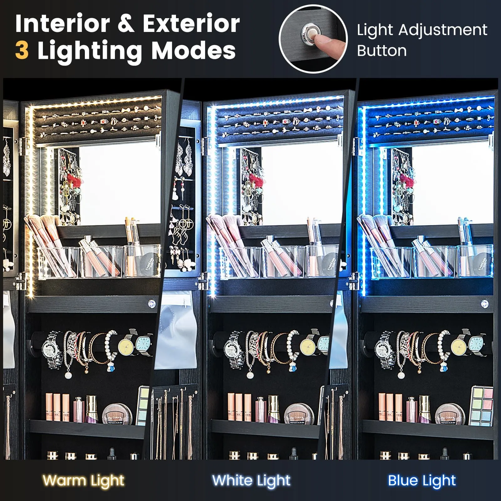 Costway 108cm Jewelry Mirror Cabinet Lockable Jewelry 3-Color LED Lights-Black in Black 4