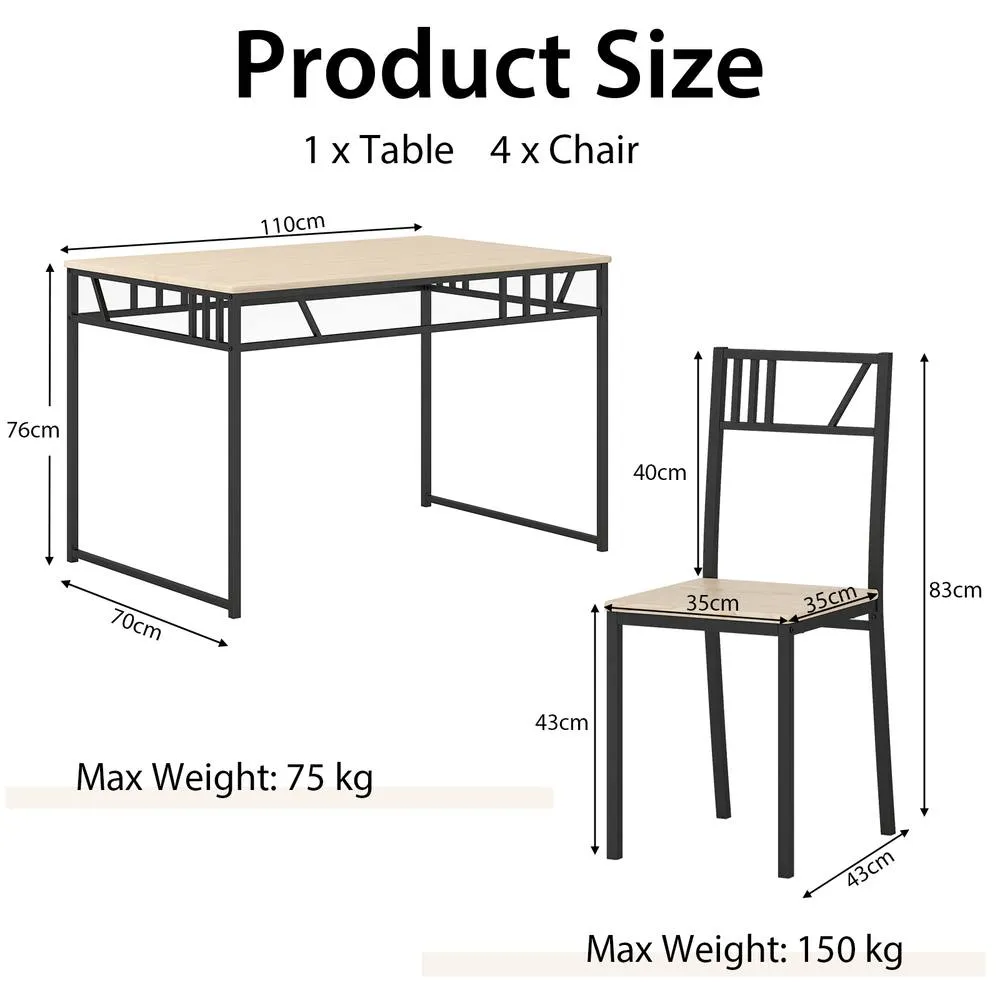 Costway 5 Pcs Dining Table Set Industrial-Style Kitchen Table & 4 Chairs in Natural 2