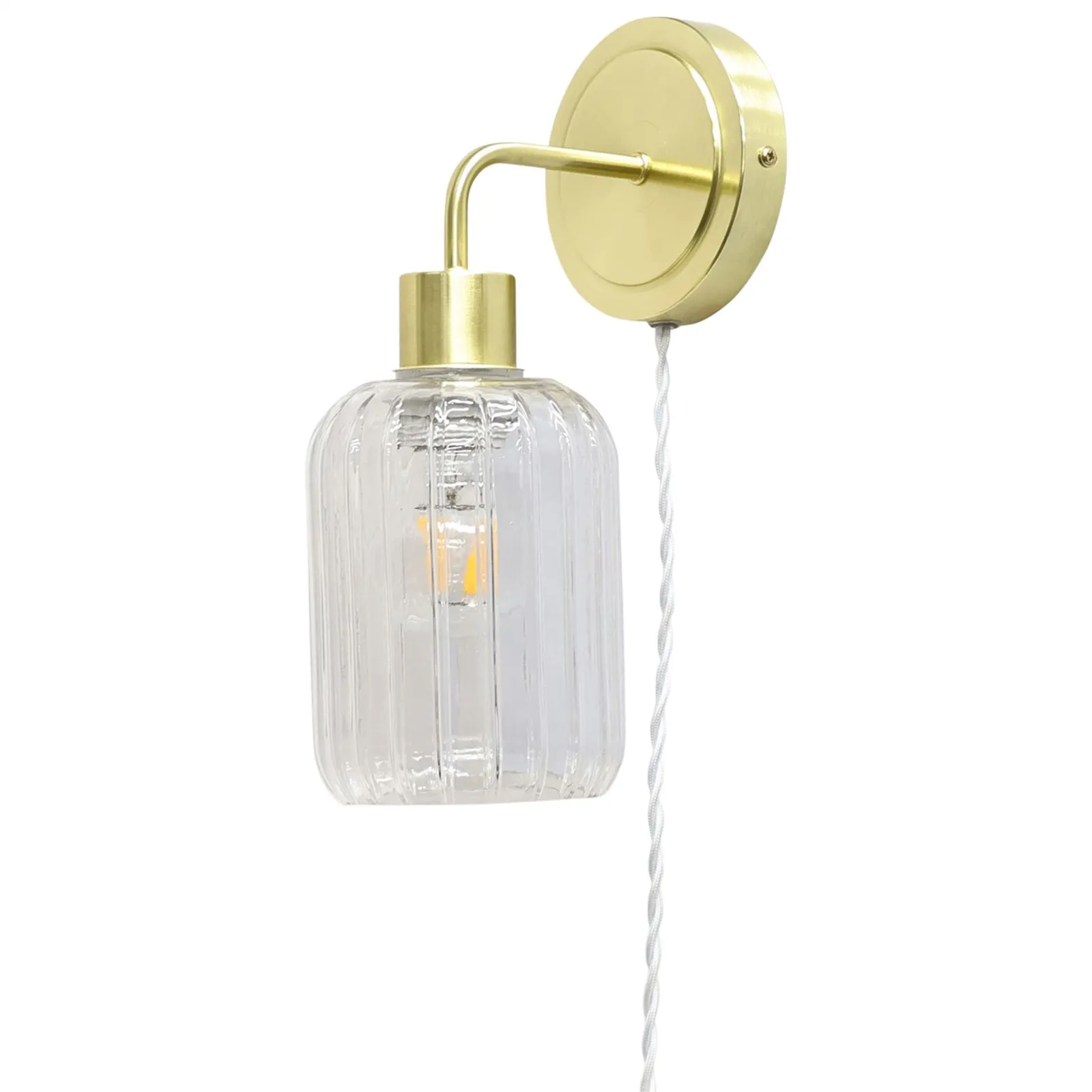 First Choice Lighting Set of 2 Toby - Satin Brass Plug in Wall Lights Ribbed Glass Shades in Gold 3