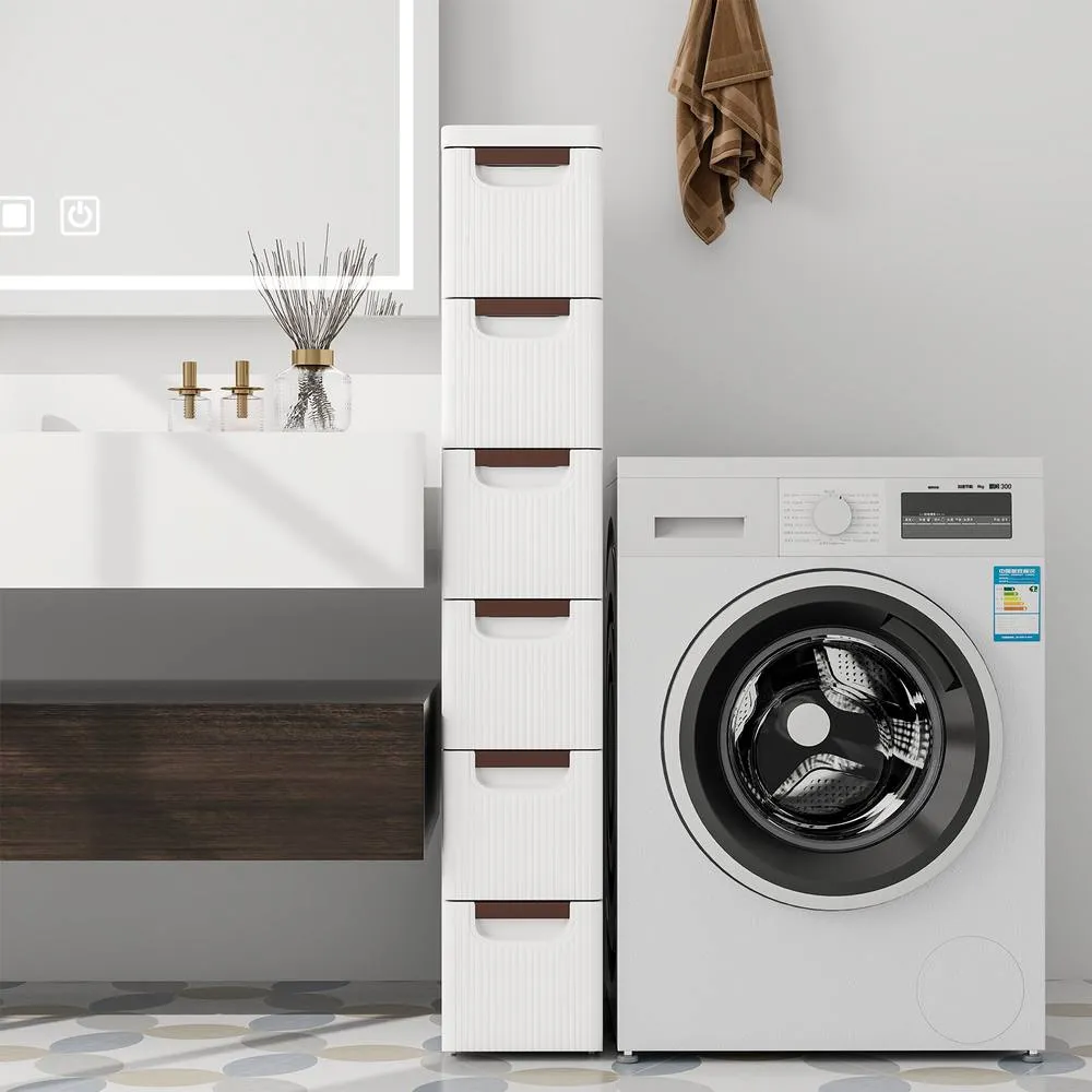 Costway 6 Drawer Tall Storage Cabinet w/4 Wheels Narrow Floor Cabinet Cupboard in White 4