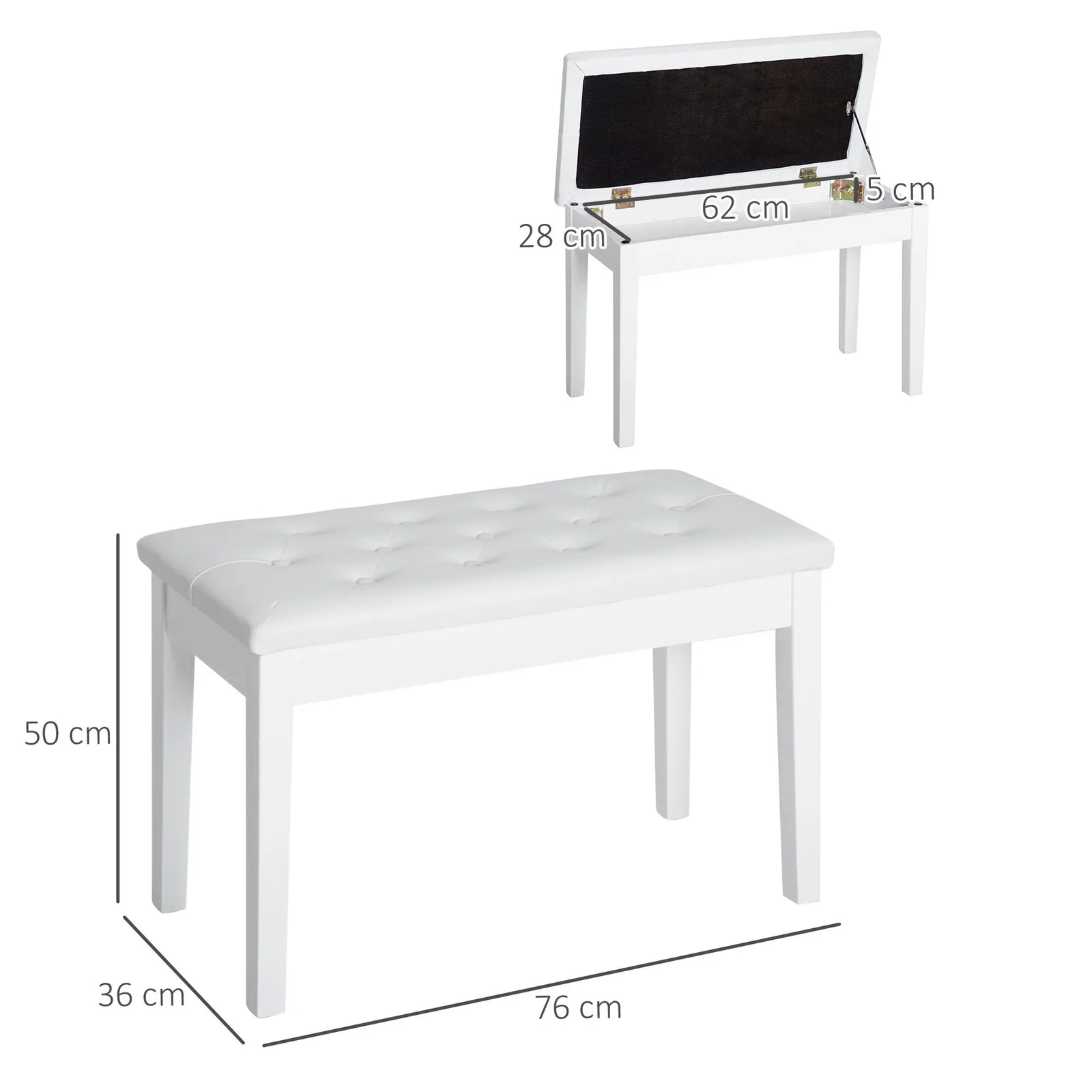 HOMCOM Classic Piano Bench Padded Seat Makeup Stool Solid Wood Wooden in White 3