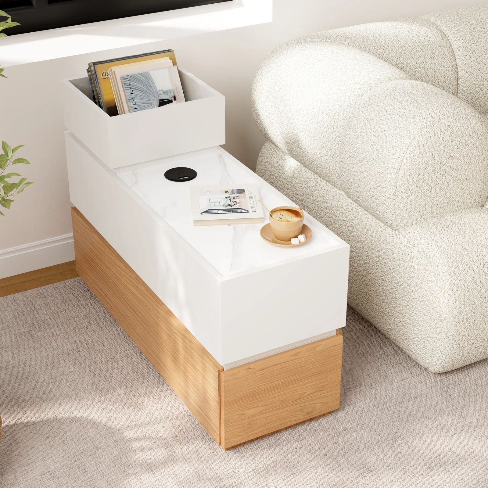 Sintered Stone Top Narrow Smart Side Table with Storage Modern White & Natural End Table with USB Charging
