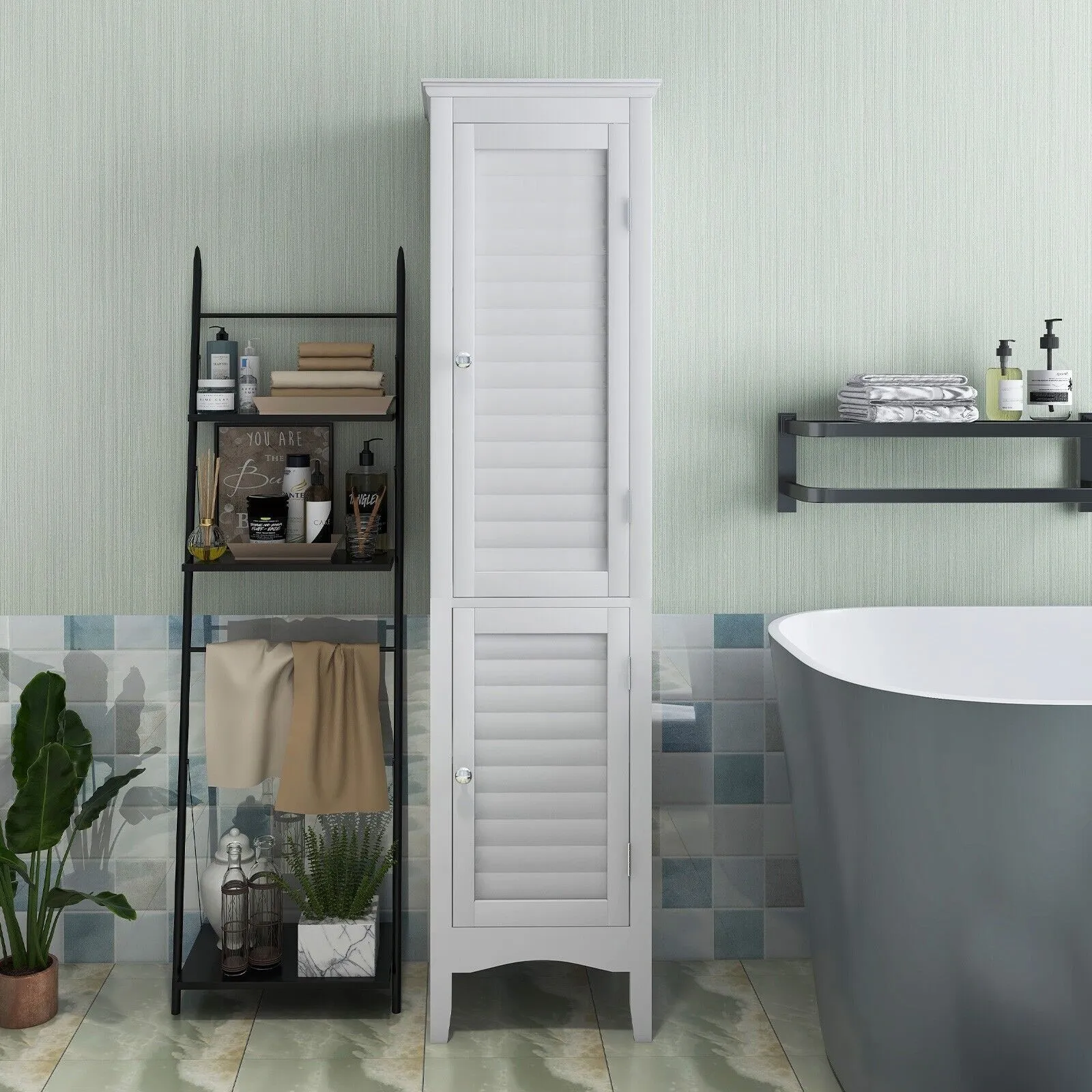 Costway 5-Tier Bathroom Tall Cabinet Slim Freestanding Storage Organizer Cupboard 2 Door in White 4