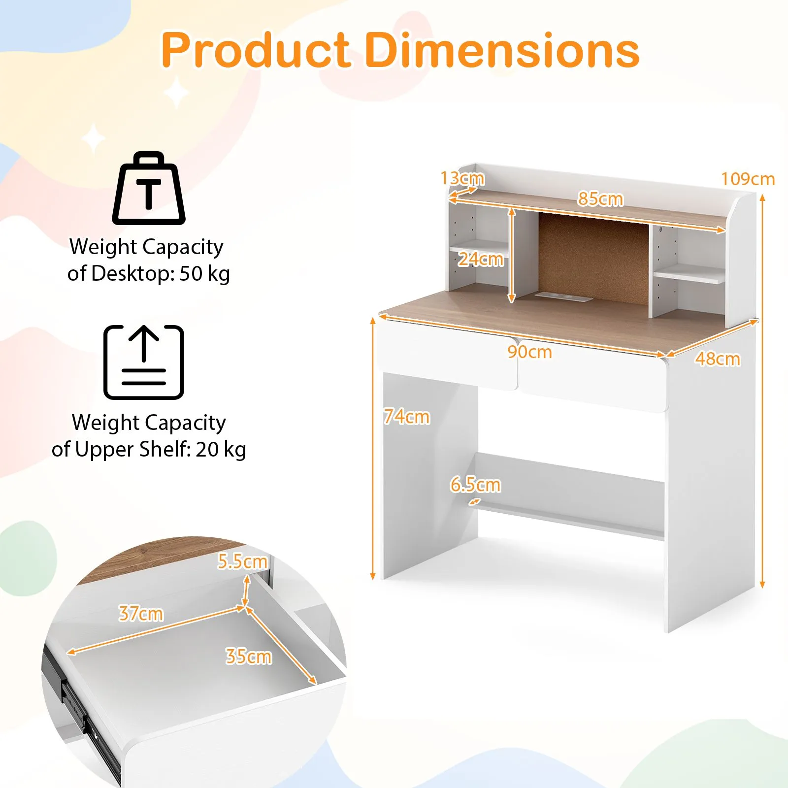 Costway Study Desk Student Writing Table w/ Cork Bulletin Board in White 2