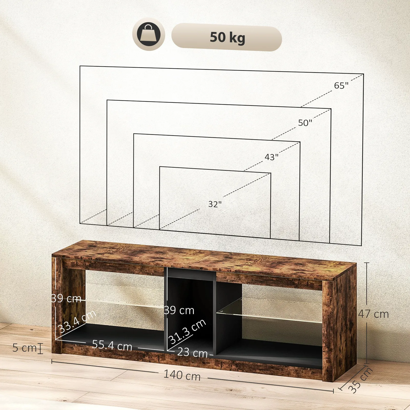 HOMCOM TV Stand, Entertainment Centre with LED Lights, Rustic Brown 3