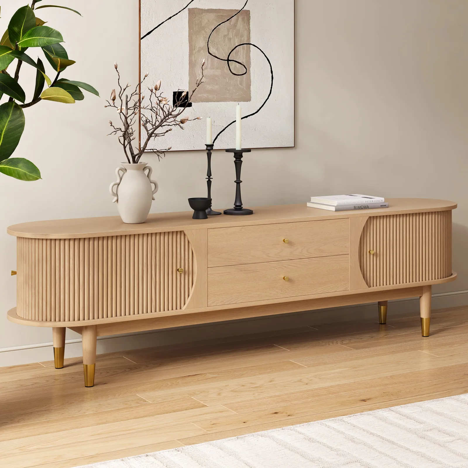 80" Ash Wood Fluted Natural TV Stand with Storage