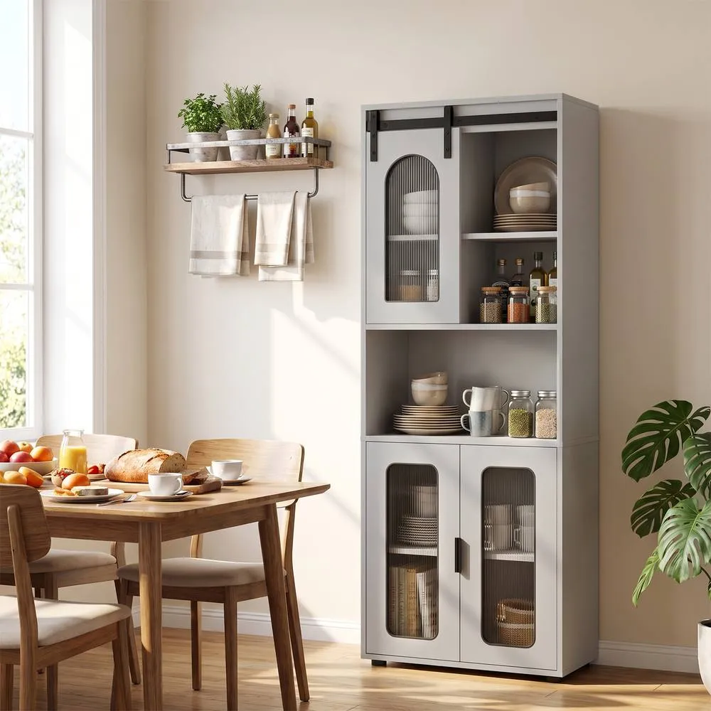 Costway Farmhouse Bathroom Floor Cabinet Sliding Barn Door Shelves in Grey 4