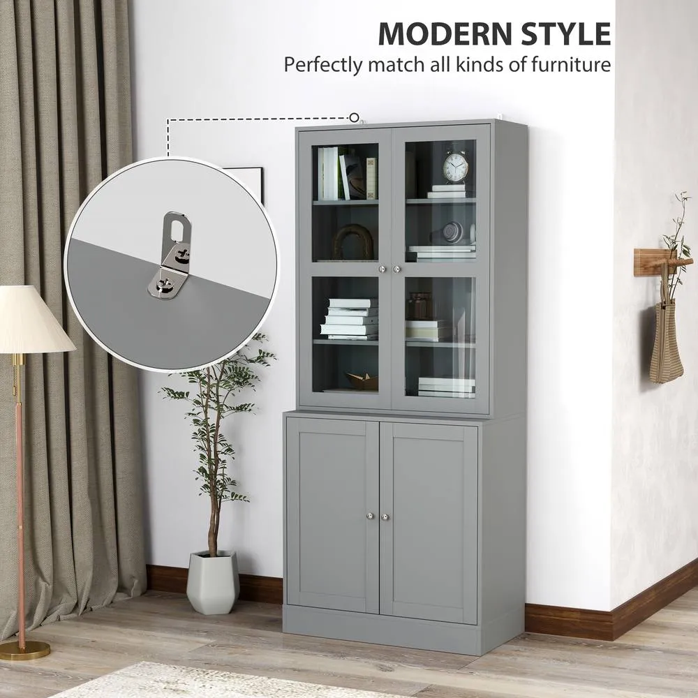 HOMCOM Modern Bookcase Display Storage Cabinet w/ Doors Adjustable Shelves in Grey 4