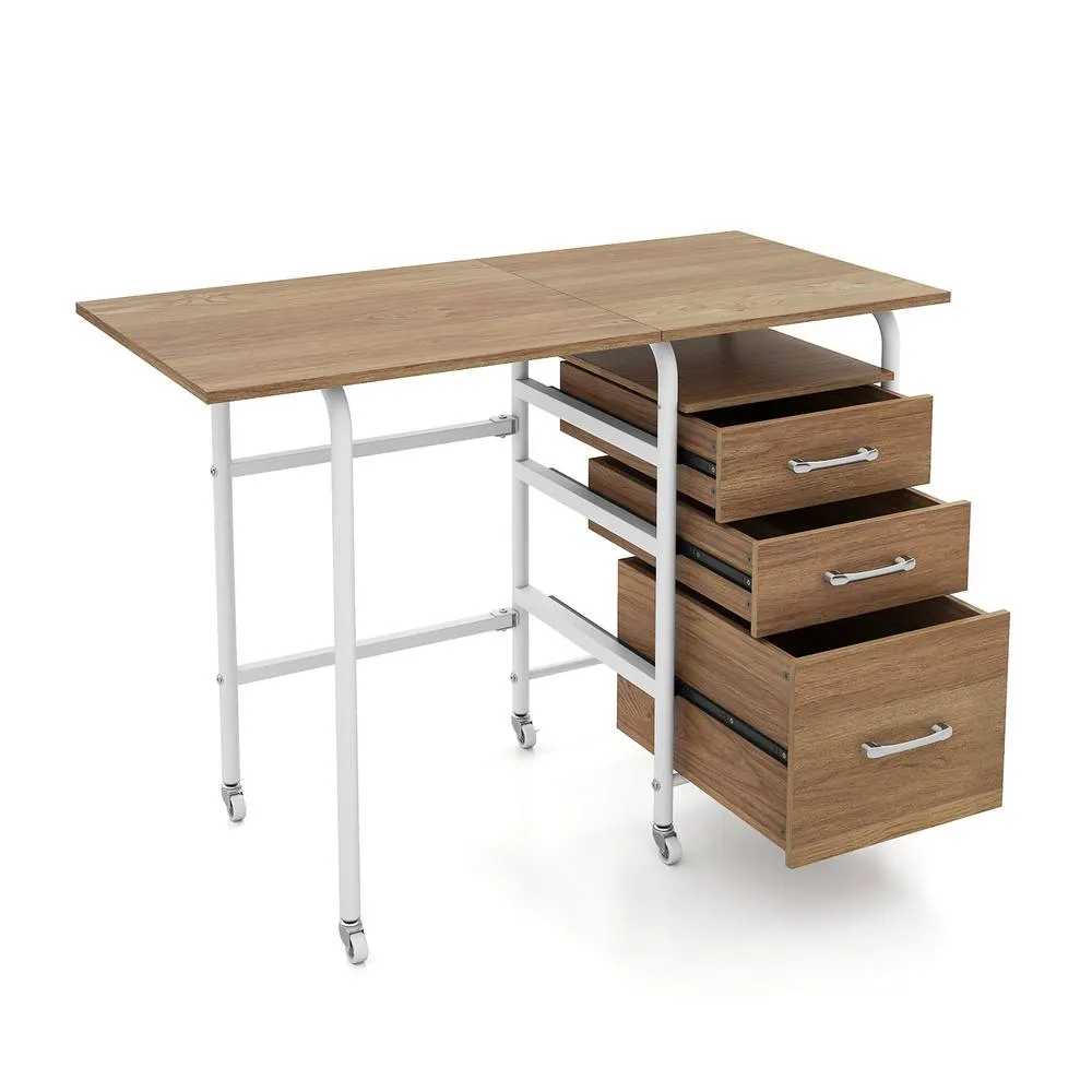 Costway Folding Desk with 3 Drawers Convertible Computer Desk in Natural