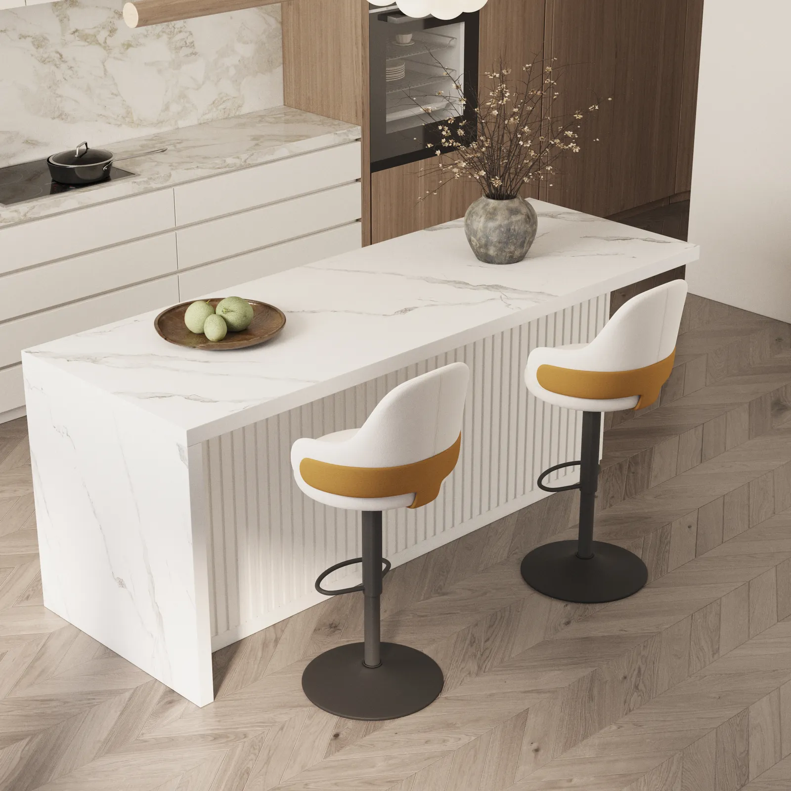 72" Large Kitchen Island & 2 Velvet Swivel Bar Stools Set Adjustable Height White with Marble Veneered Kitchen Cabinet