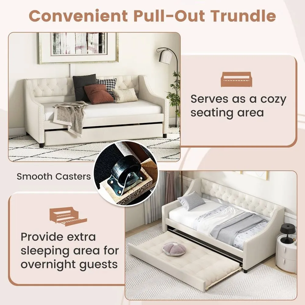 Costway Linen Upholstered Daybed Single Size Trundle Bed Sofa Bed Frame in Beige 5