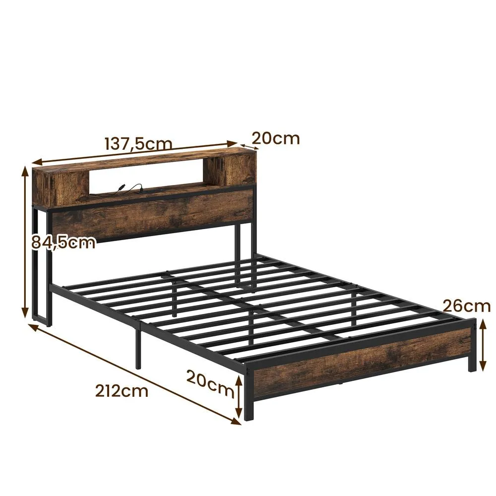 Costway Double Size Bed Frame Metal Platform Bed w/LED Lights&Charging Station in Brown 2
