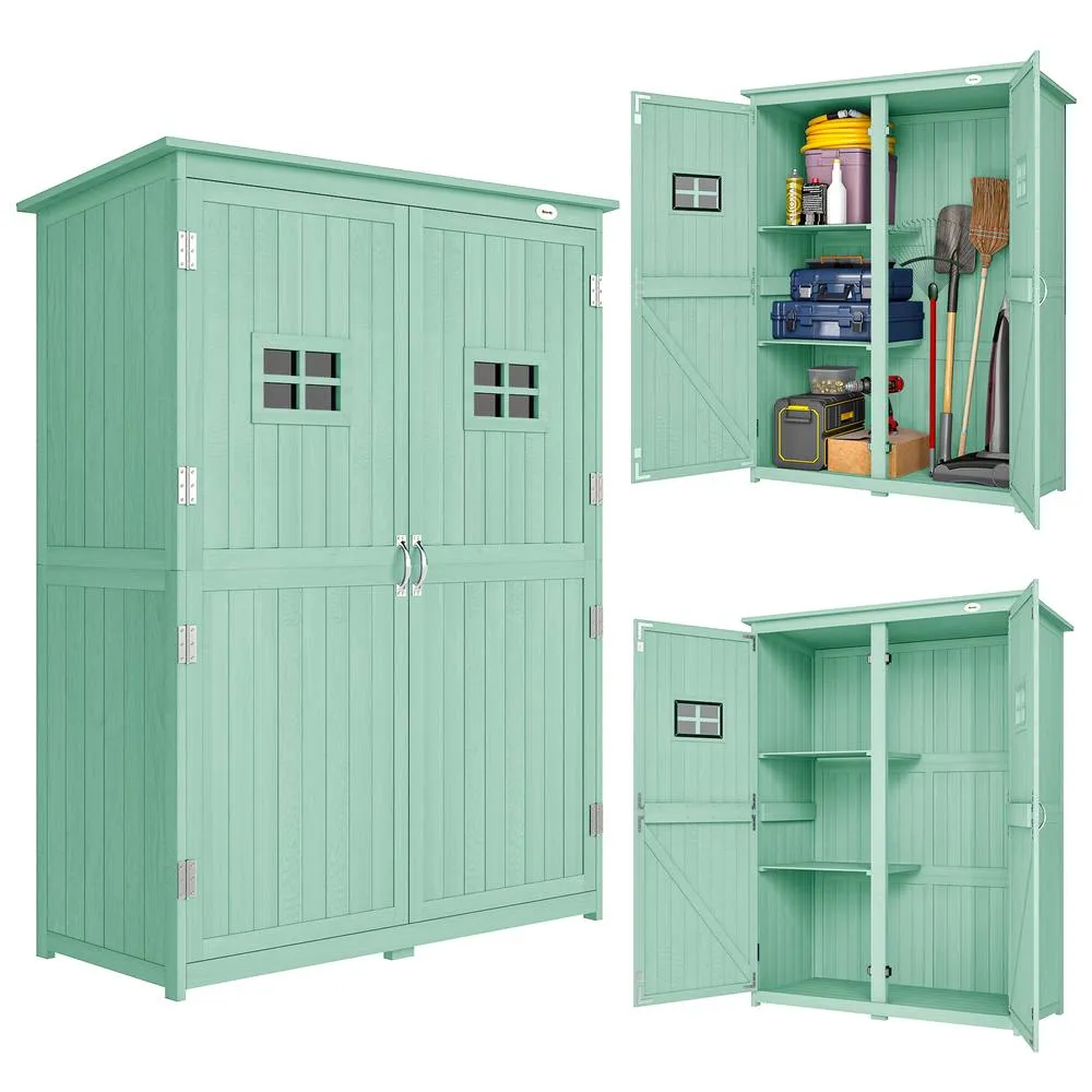 OUTSUNNY Wooden Garden Shed Tool Storage Cabinet Double Door Shelf Green 2