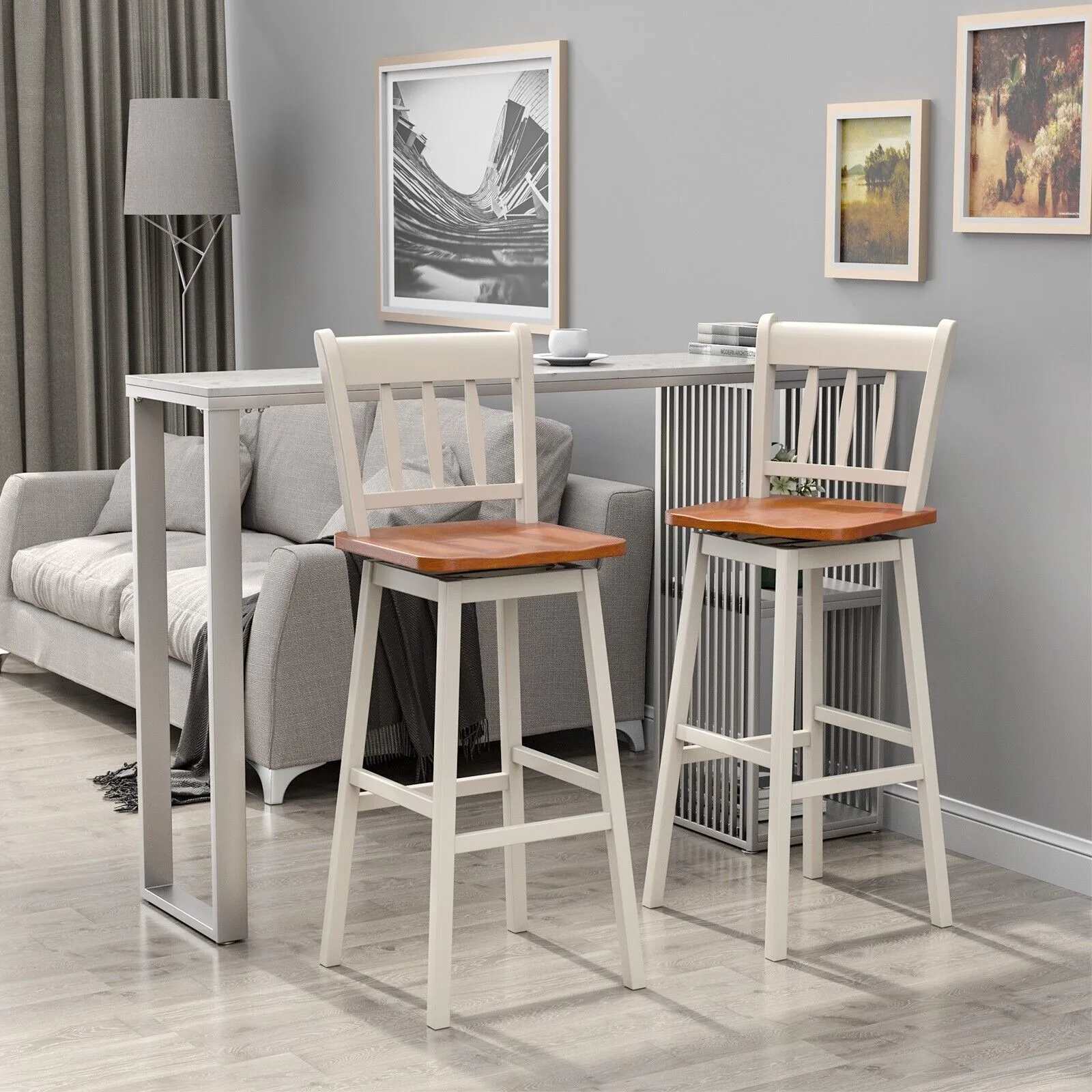 Costway Set of 2 Swiveling Bar Stools Solid Rubber Wood Dining Chairs with Footrest in White 4