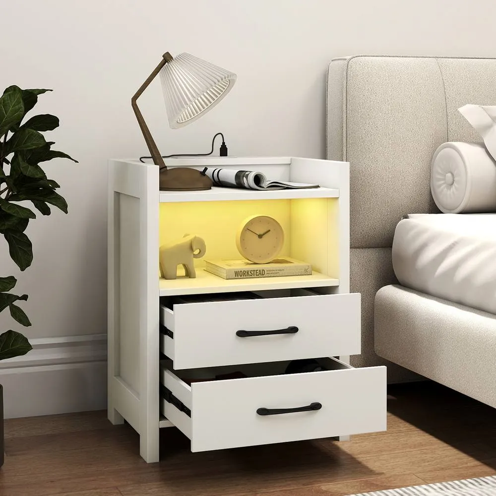 Costway LED Bedside Table with 2 Drawers Sofa Side Table White 3